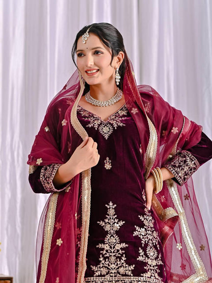 Wine Color Designer Party Wear Velvet Sharara Kameez with Dupatta