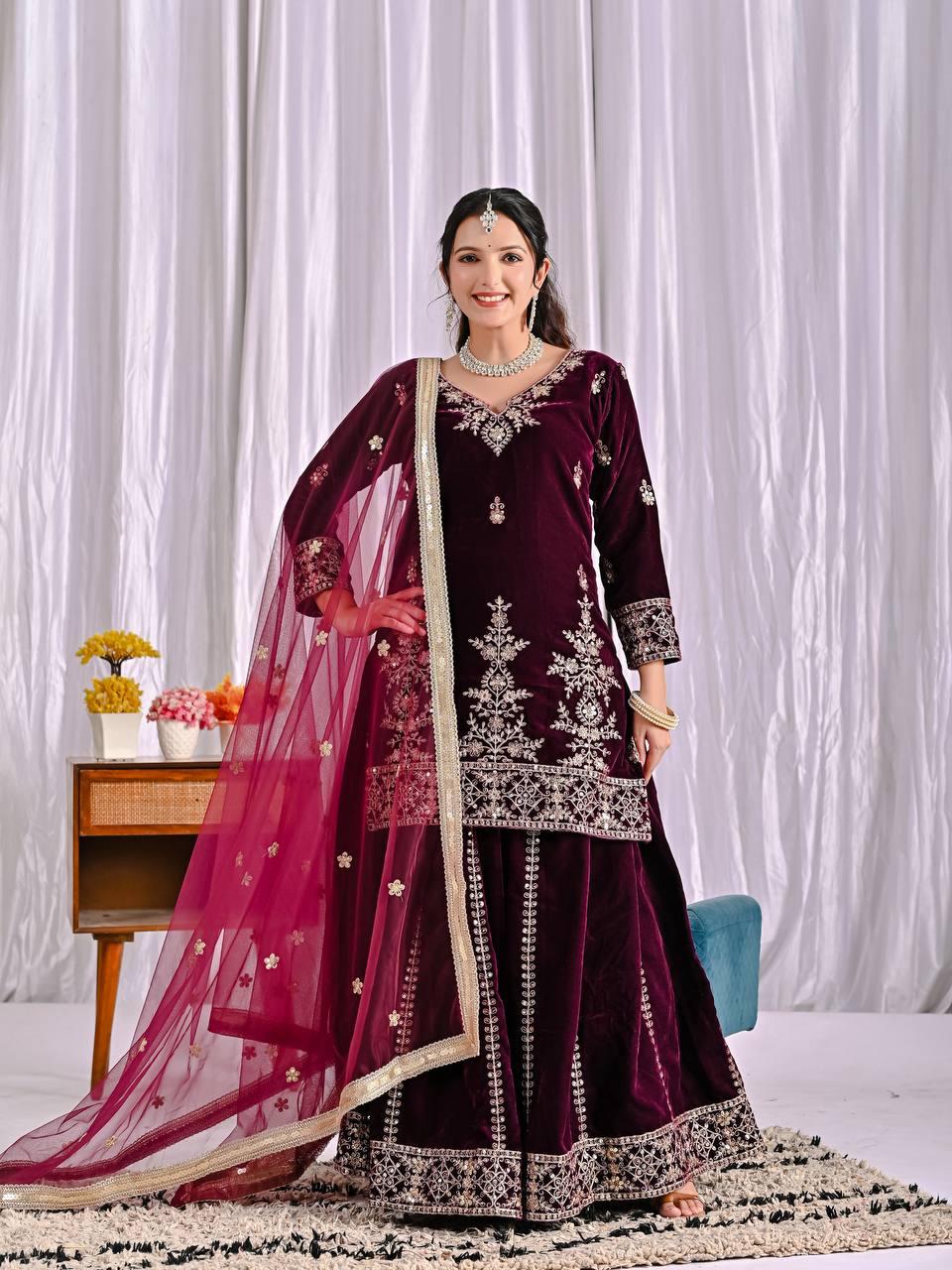 Wine Color Designer Party Wear Velvet Sharara Kameez with Dupatta