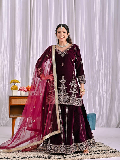 Wine Color Designer Party Wear Velvet Sharara Kameez with Dupatta