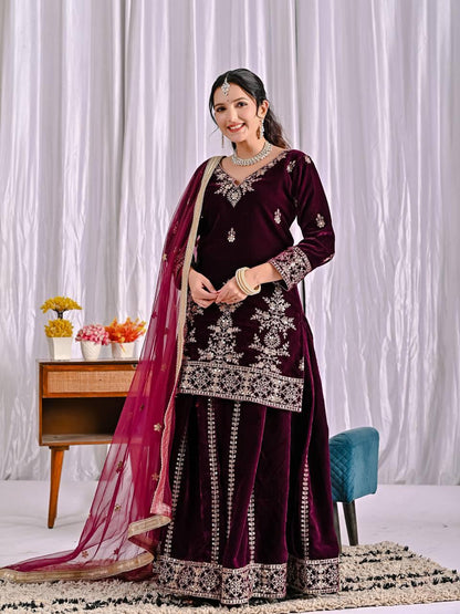 Wine Color Designer Party Wear Velvet Sharara Kameez with Dupatta
