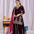 Wine Color Designer Party Wear Velvet Sharara Kameez with Dupatta