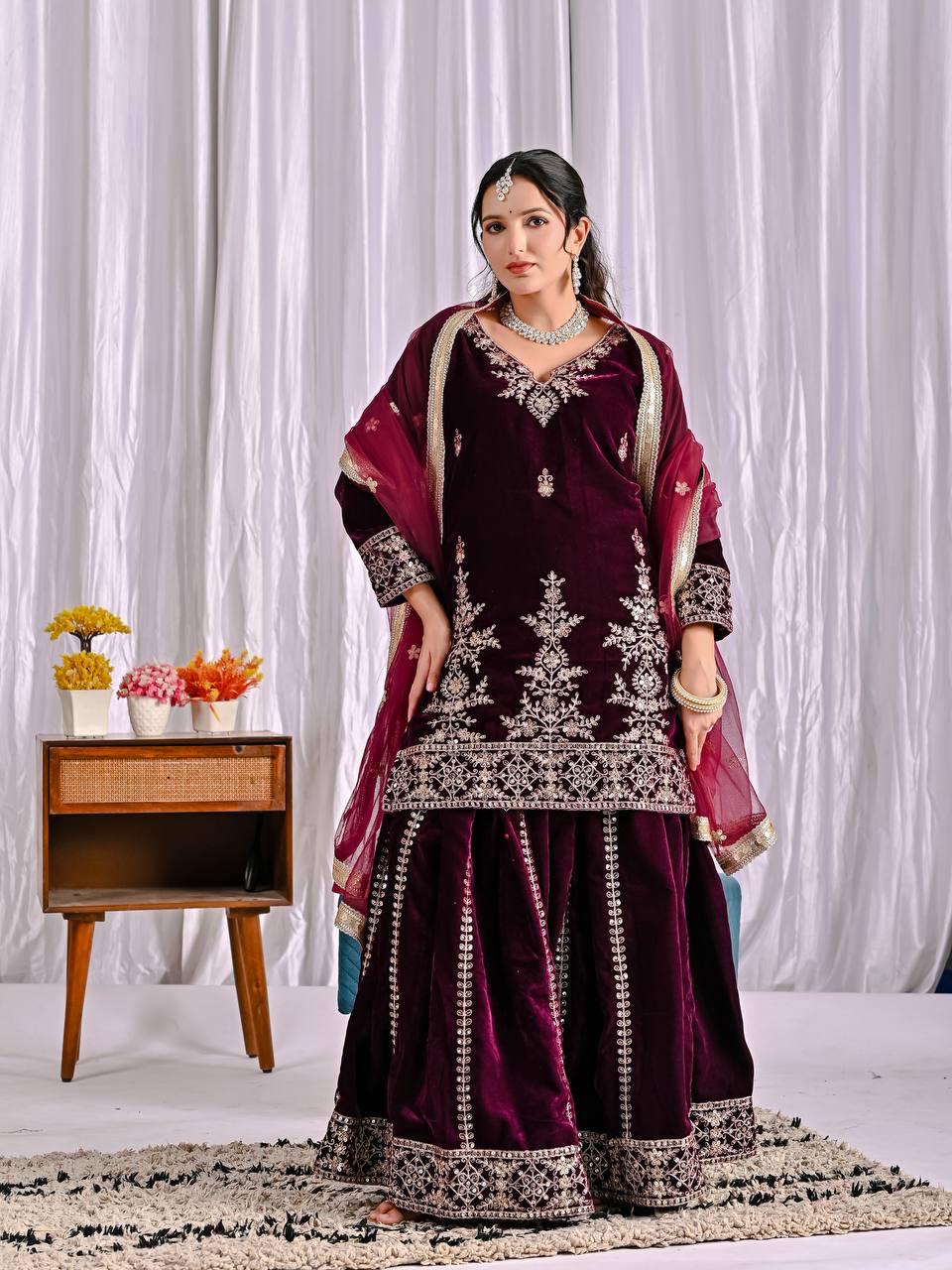 Wine Color Designer Party Wear Velvet Sharara Kameez with Dupatta