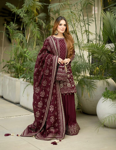 Maroon Designer Party Wear Heavy Faux Georgette Top, Palazzo Dupatta Set