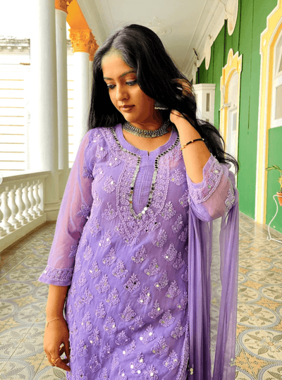 Mauve Chikankari Elegance Ombré Mirror Booti Jaal Set - Kurti, Sharara & Dupatta -(Inner Included)