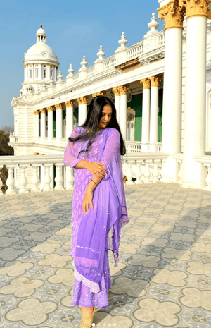Mauve Chikankari Elegance Ombré Mirror Booti Jaal Set - Kurti, Sharara & Dupatta -(Inner Included)
