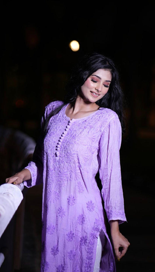 Mauve Ethereal Blossoms: 3D Muslin Kurti and Pant Set - Inayakhan Shop 