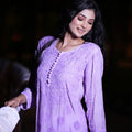 Mauve Ethereal Blossoms: 3D Muslin Kurti and Pant Set