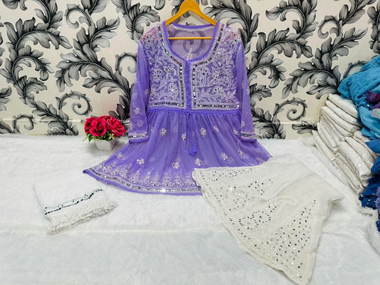 Mauve Glimmering Georgette Mirror Work Short Gown, Dupatta, and Sharara Full Combo Set - Inayakhan Shop 