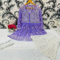 Mauve Glimmering Georgette Mirror Work Short Gown, Dupatta, and Sharara Full Combo Set