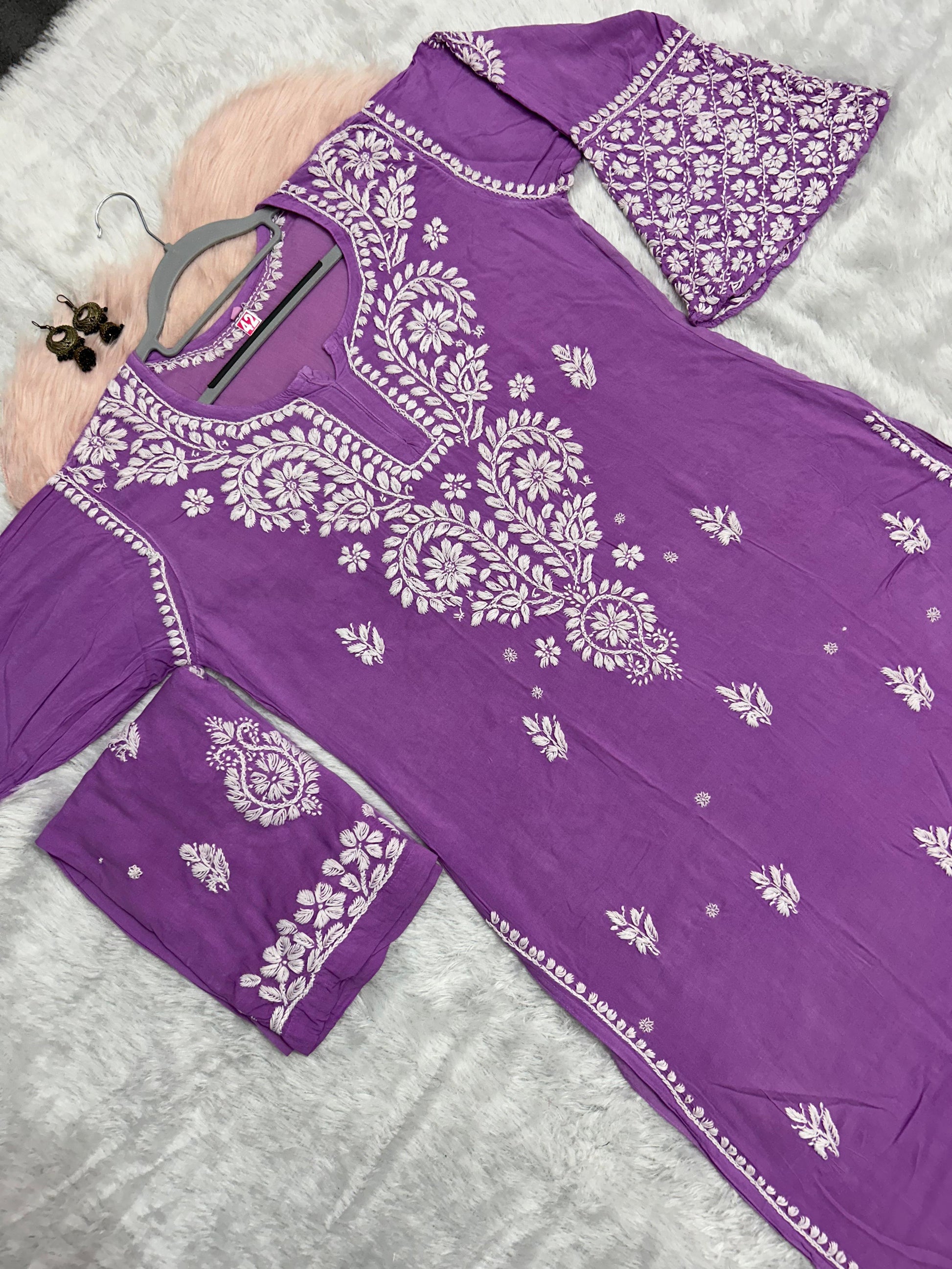 Mauve Premium Modal Chikankari Bell Sleeves Kurti with Palazzo Set - Inayakhan Shop 