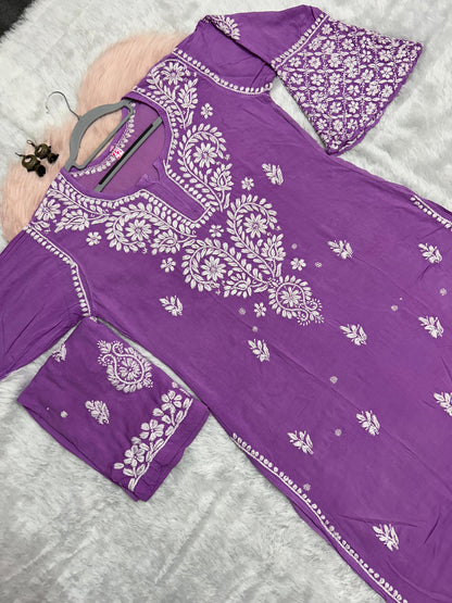 Mauve Premium Modal Chikankari Bell Sleeves Kurti with Palazzo Set - Inayakhan Shop 