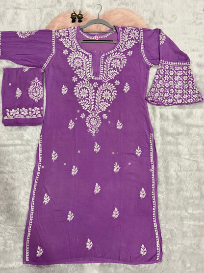 Mauve Premium Modal Chikankari Bell Sleeves Kurti with Palazzo Set - Inayakhan Shop 