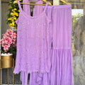 Lavendar Lucknow Chikankari Resham Work Viscose Short Kurti & Gharara Set with Chiffon Dupatta