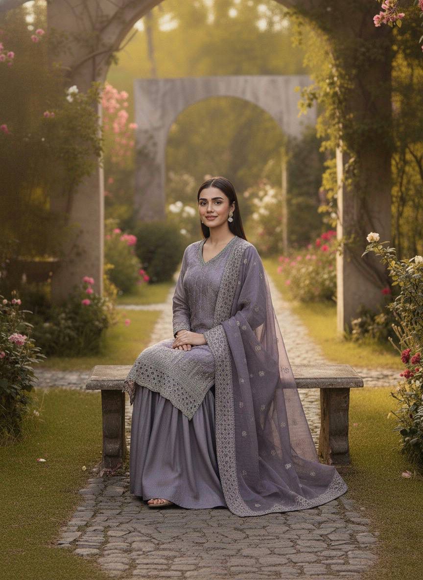 Lavendar Designer Embroidered Top–Sharara Set with Dupatta