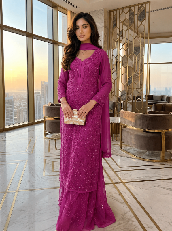 Majenta Pink Ethereal Viscose Chikankari & Mukaish Work Ensemble (Latest)