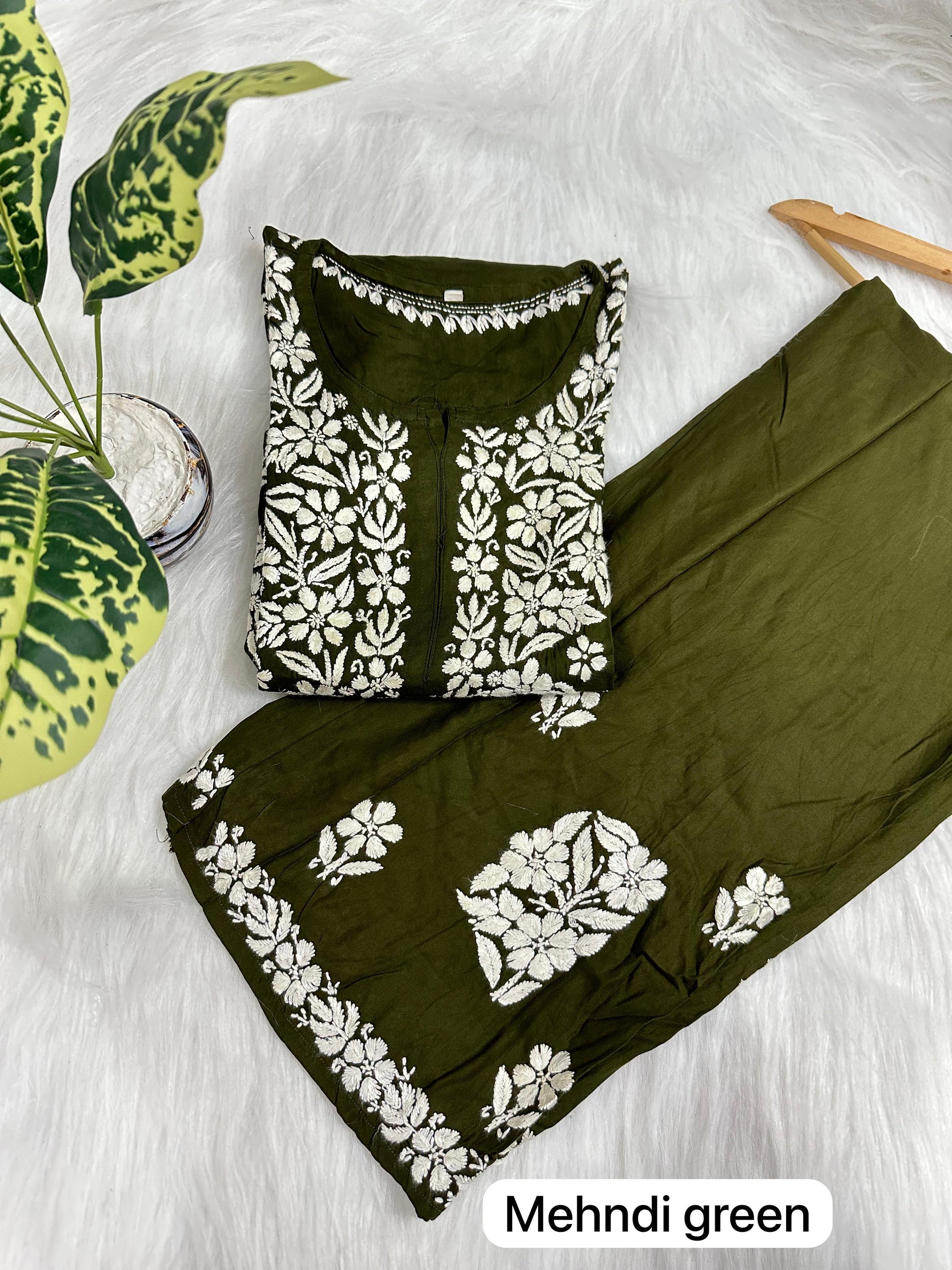 Mehendi Green 🌟 Chikankari Rayon Palazzo Set ✨ - Inayakhan Shop 