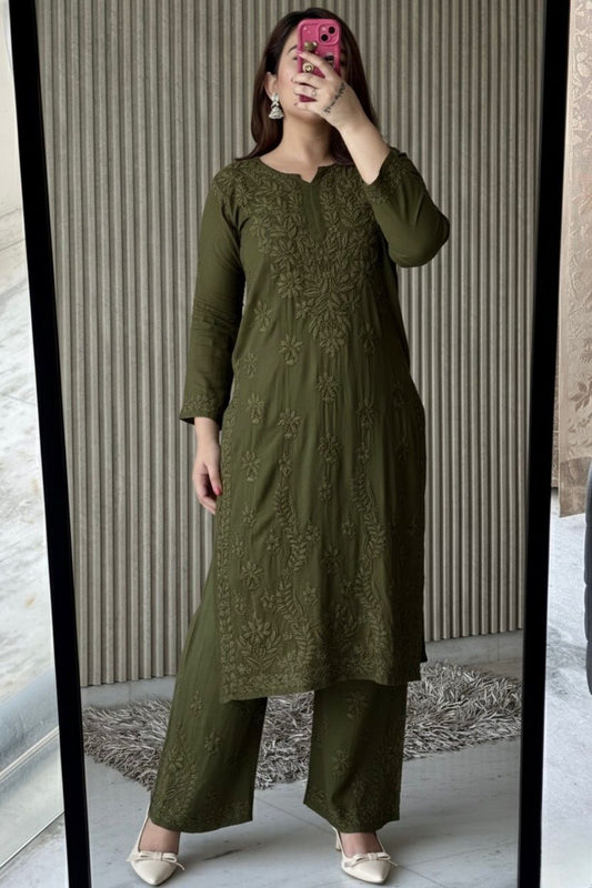 Mehendi Green Plus Size Lucknow Chikankari Modal Kurti with Palazzo Set