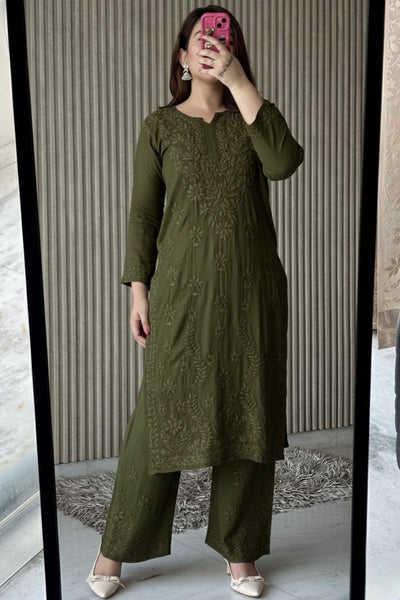 Mehendi Green Plus Size Lucknow Chikankari Modal Kurti with Palazzo Set