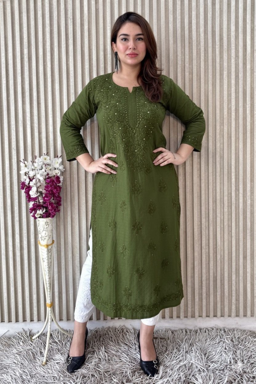 Mehendi Green Exquisite Lucknow Chikankari Mukesh Work Kurti Set