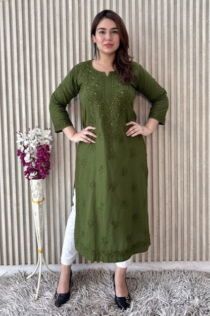 Mehendi Green Exquisite Lucknow Chikankari Mukesh Work Kurti Set