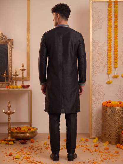 Men's black silk kurta pajama set back view