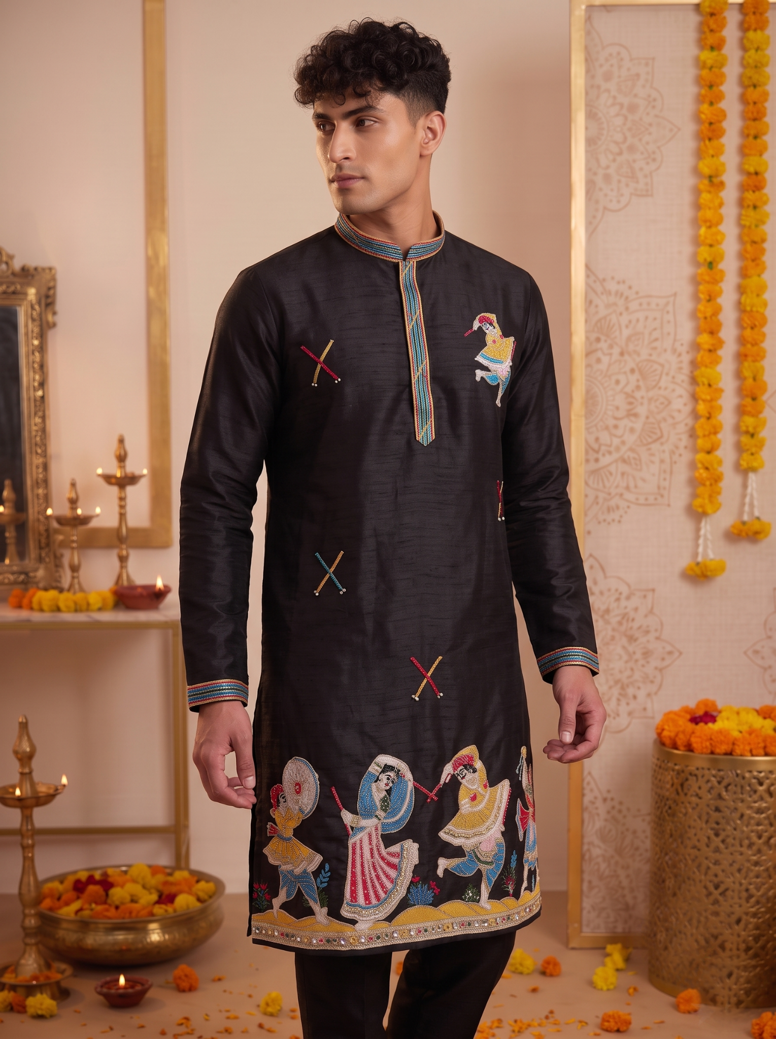 Men's black silk kurta with colourful Garba embroidery detail
