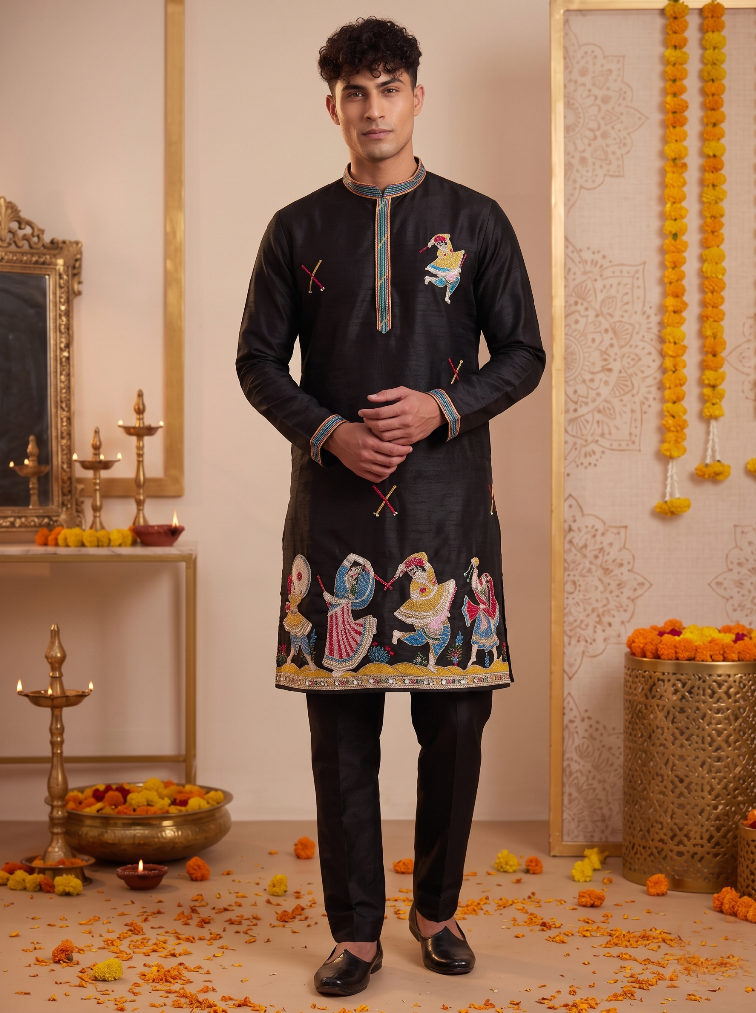 Men's black Garba embroidered silk kurta pajama set front view