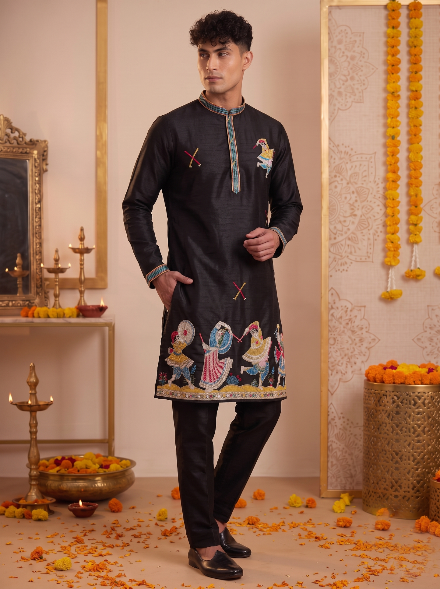Men's black festive embroidered kurta and trouser set