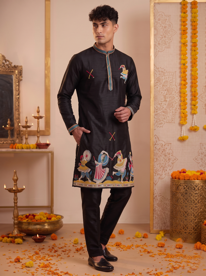 Men's black festive embroidered kurta and trouser set