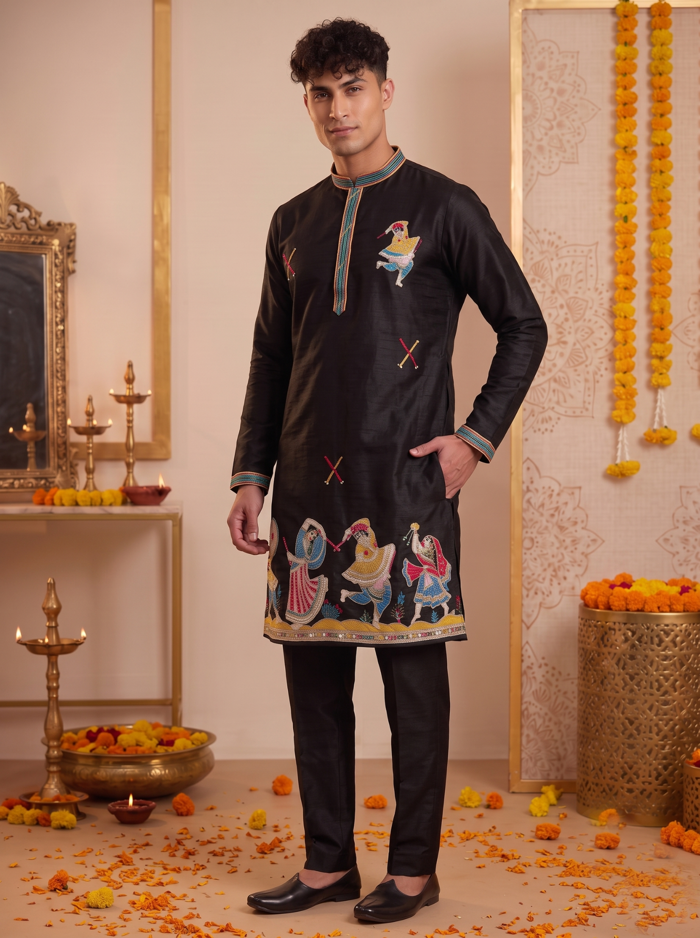 Men's black Garba embroidered kurta pajama set side view