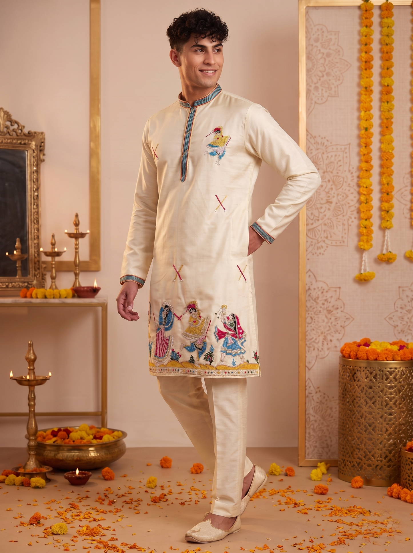 Men's cream festive kurta pajama set angled view