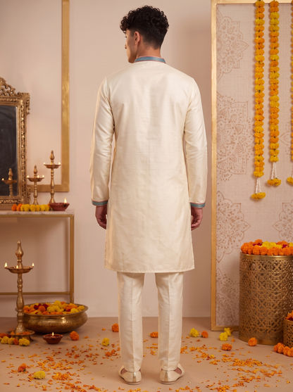 Men's cream synthetic silk kurta pajama back view