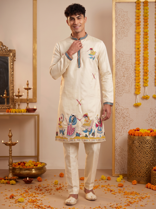 Men's cream embroidered synthetic silk kurta pajama set front view
