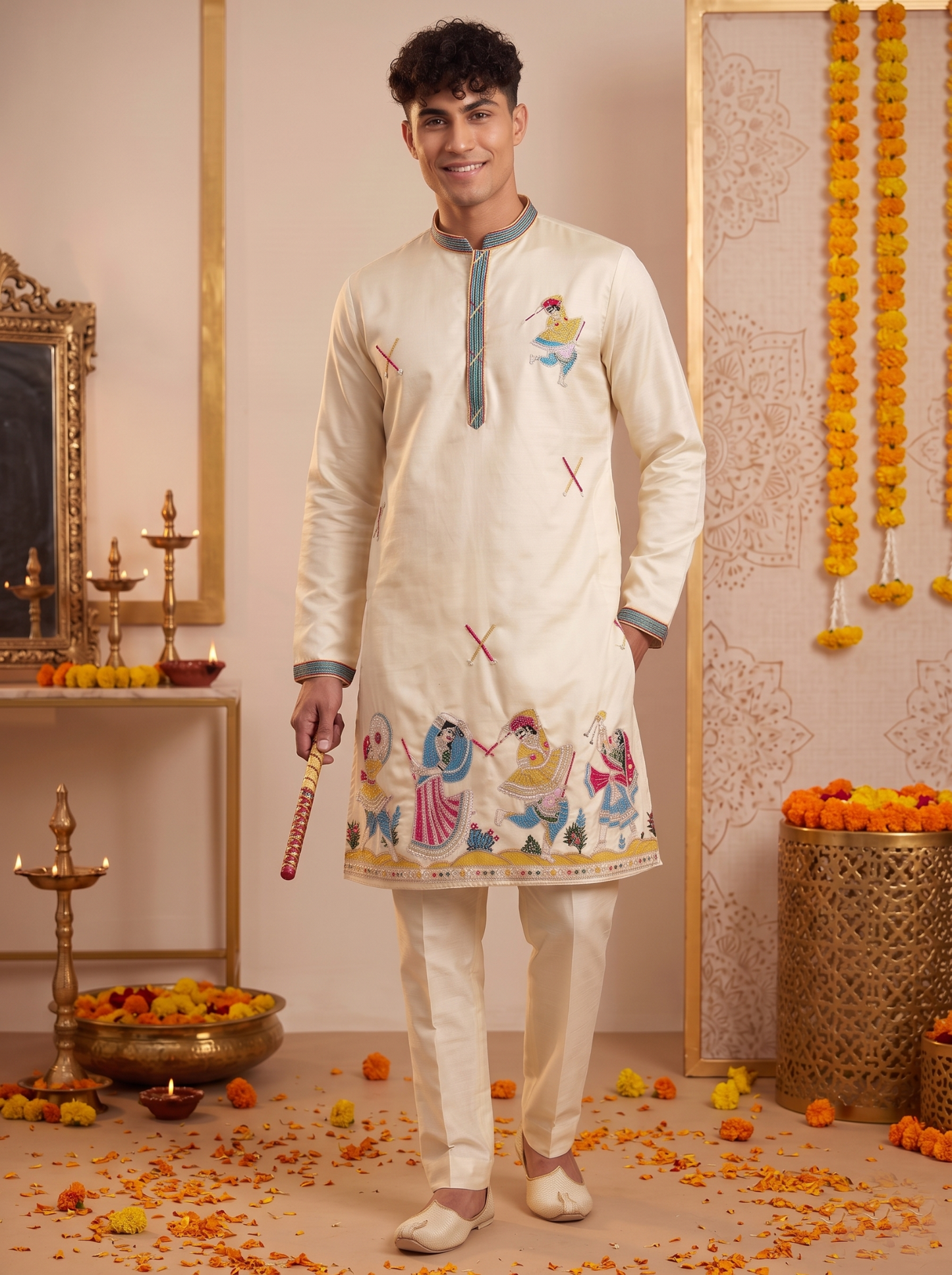 Men's cream embroidered kurta and trouser festive outfit