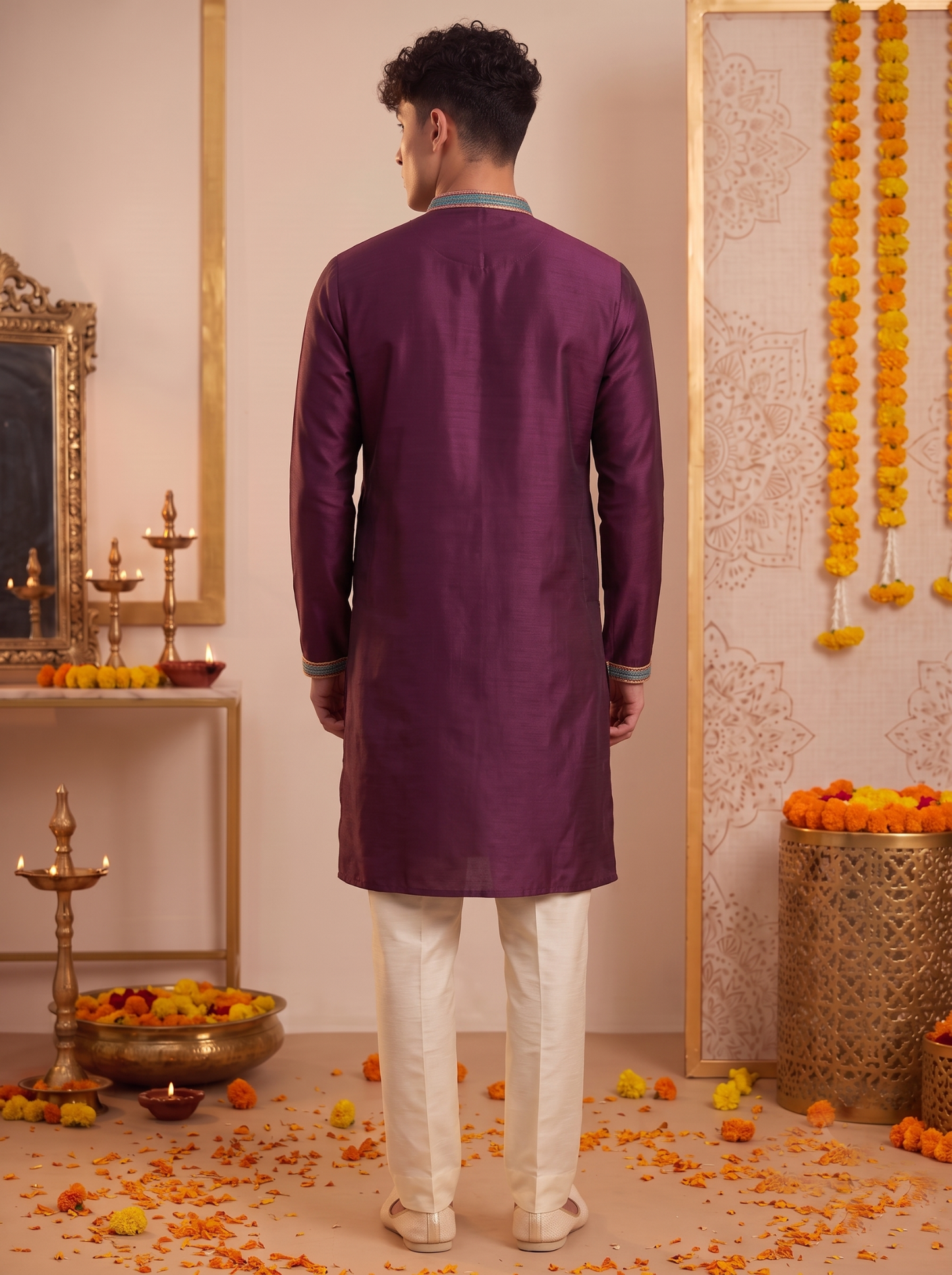 Men's deep plum silk kurta and ivory trouser set back view