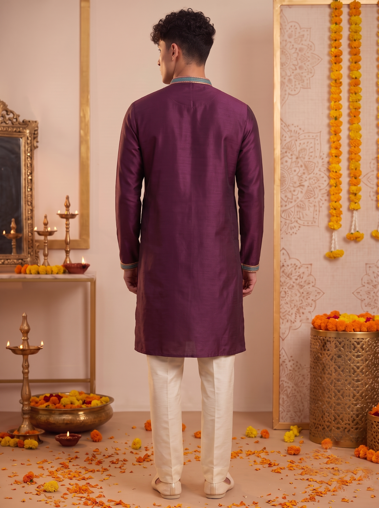 Men's deep plum silk kurta and ivory trouser set back view