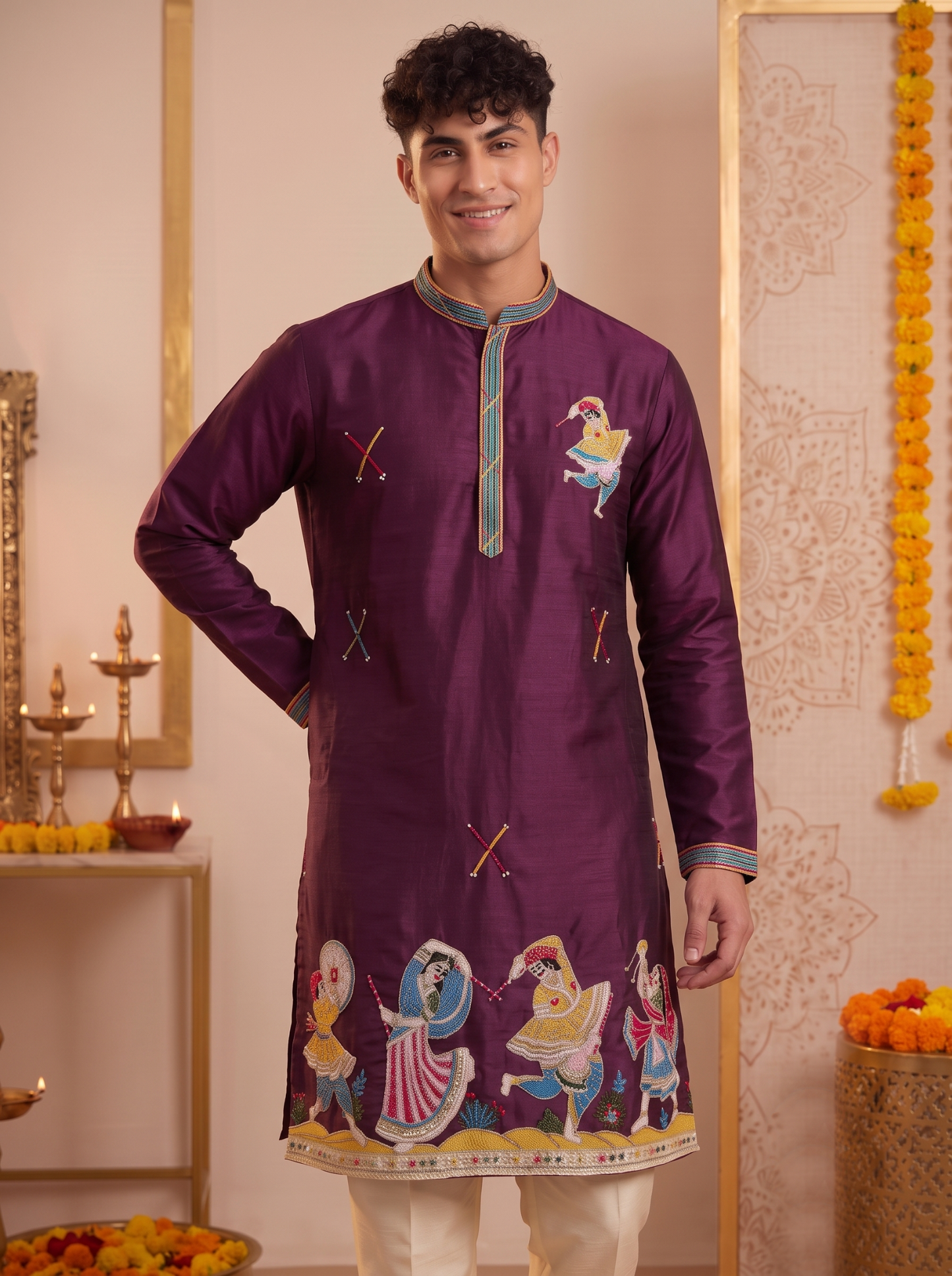 Men's deep plum silk kurta with colourful folk-dance embroidery