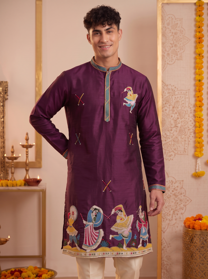 Men's deep plum silk kurta with colourful folk-dance embroidery