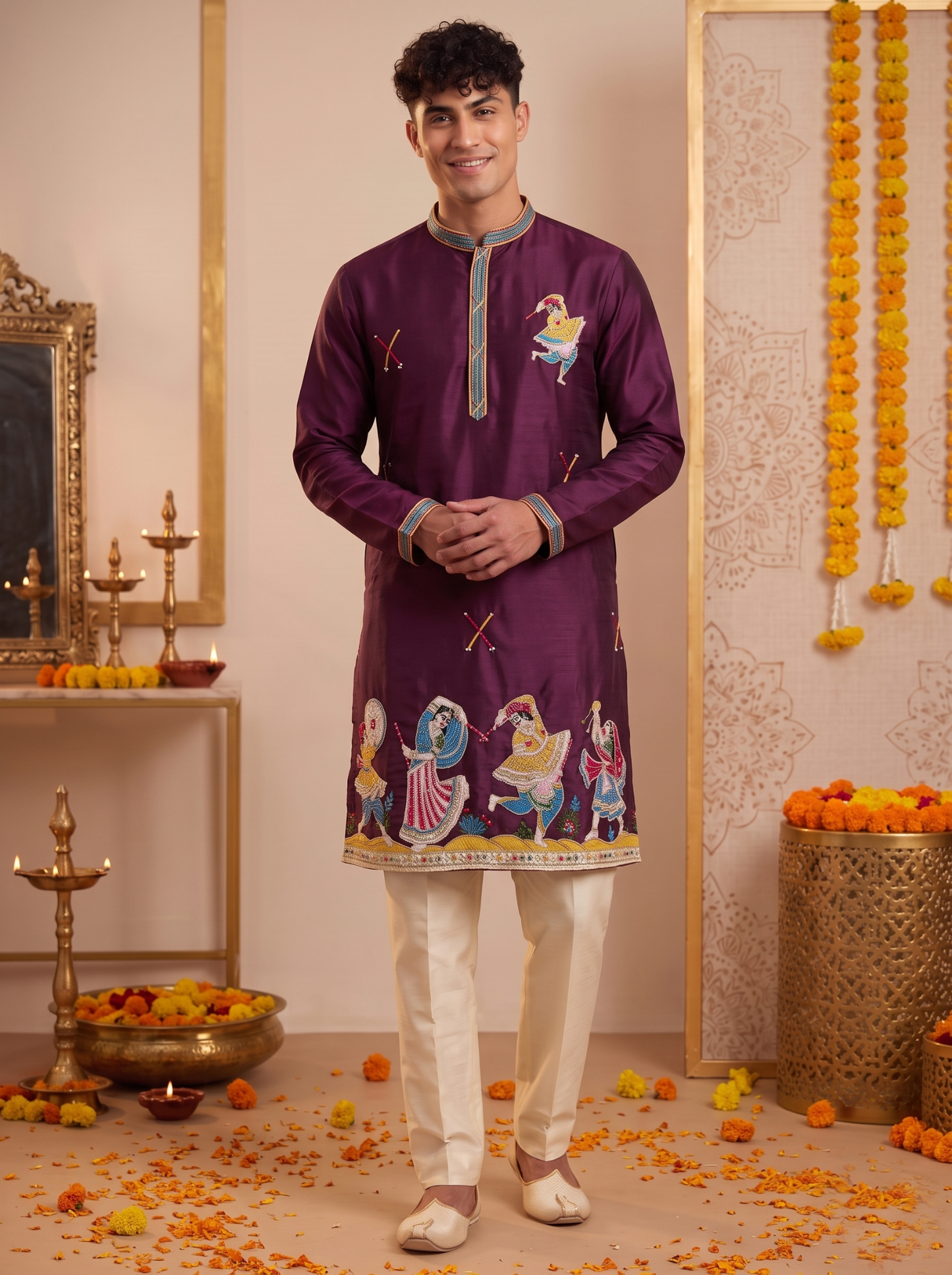 Men's deep plum Garba embroidered silk kurta pajama set front view
