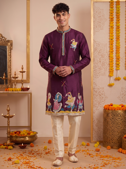 Men's deep plum Garba embroidered silk kurta pajama set front view