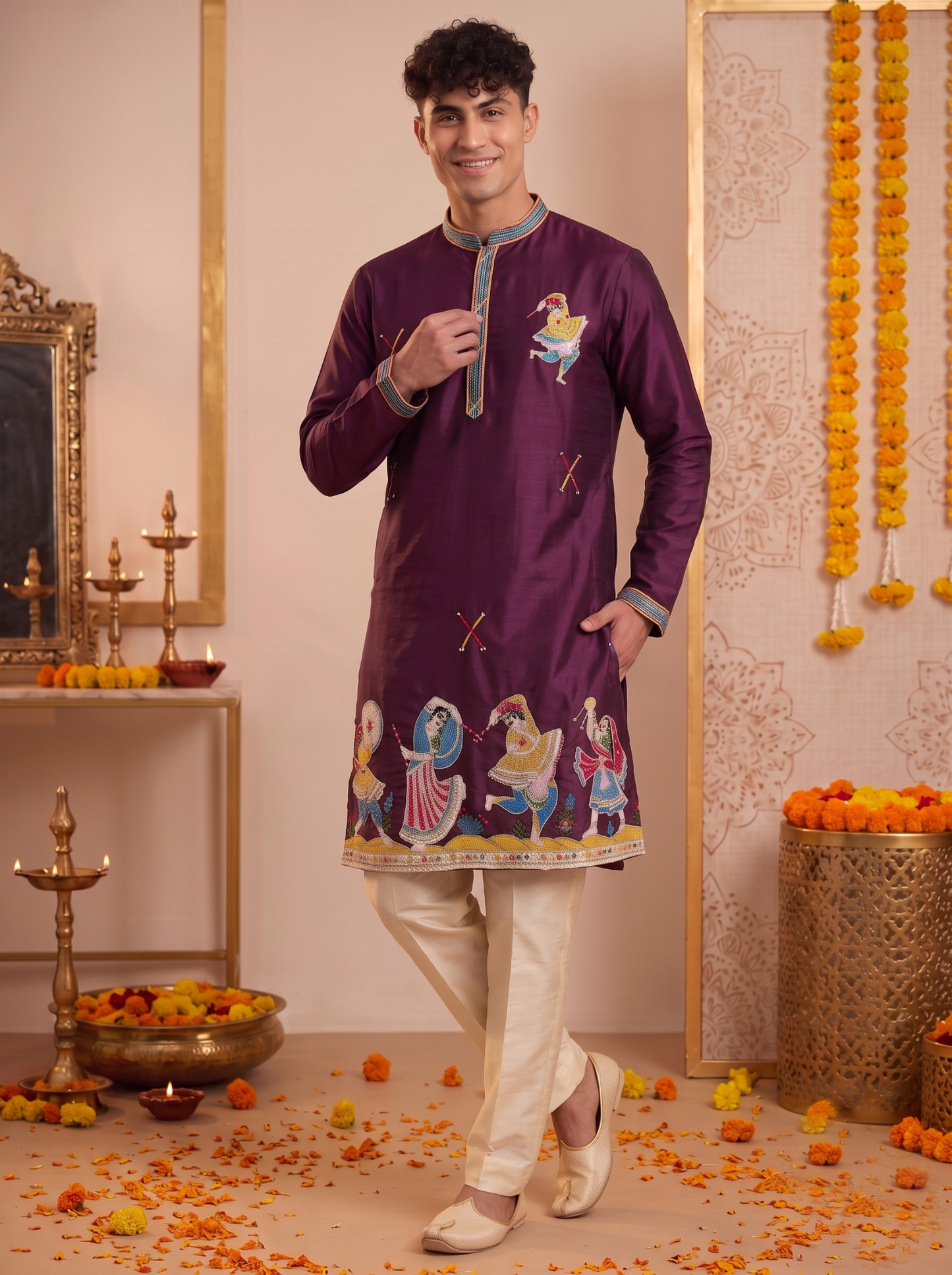 Men's deep plum Garba kurta pajama set standing view