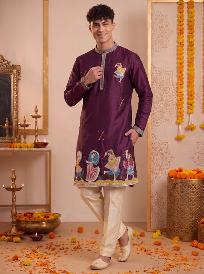 Men's deep plum Garba kurta pajama set standing view