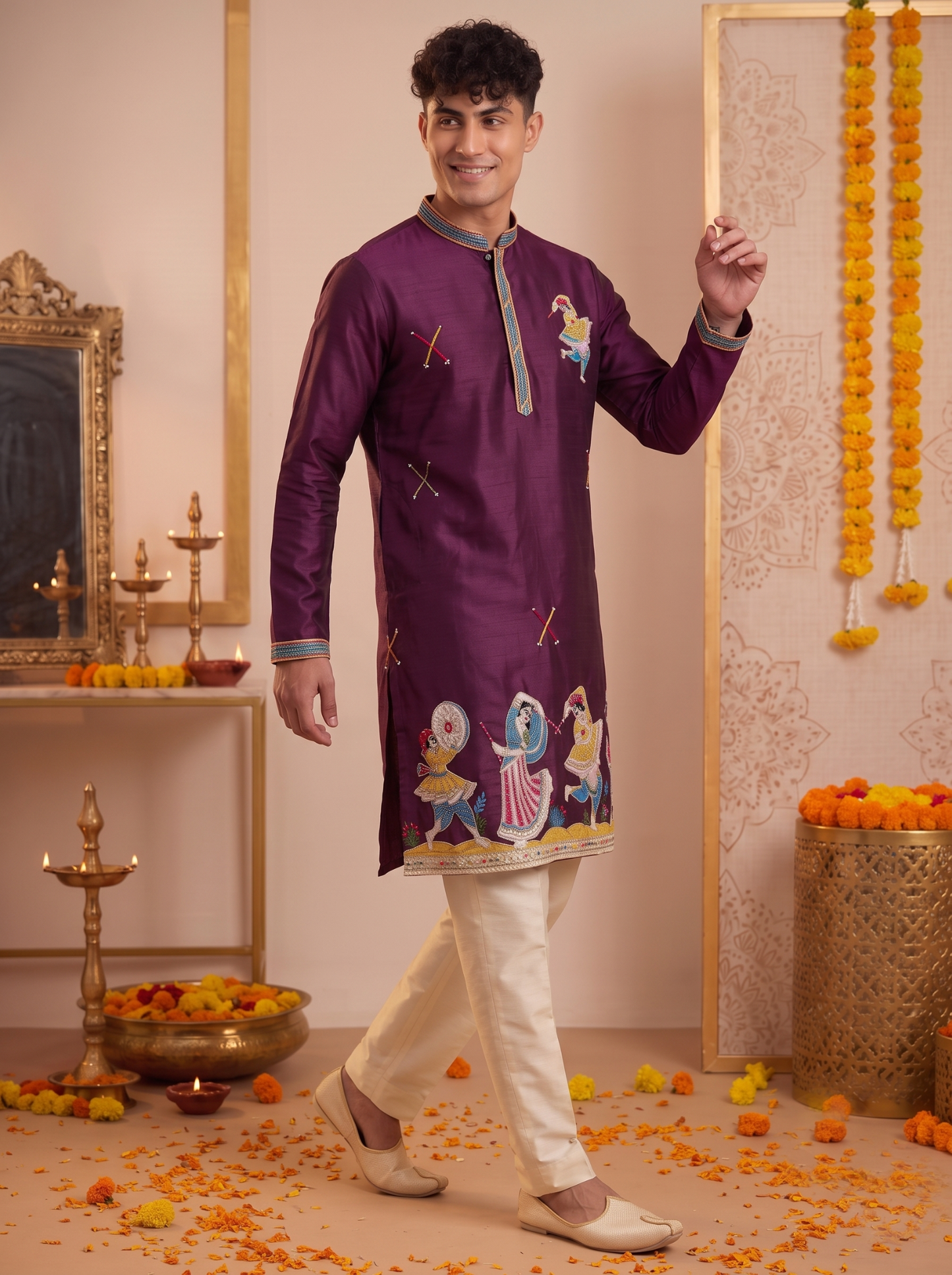 Men's deep plum festive embroidered kurta with ivory trousers
