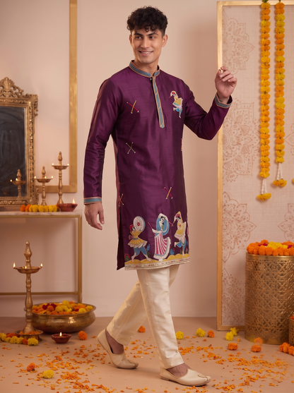 Men's deep plum festive embroidered kurta with ivory trousers