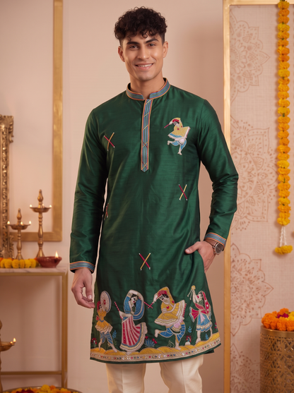 Men's emerald green silk kurta with colourful folk-dance embroidery