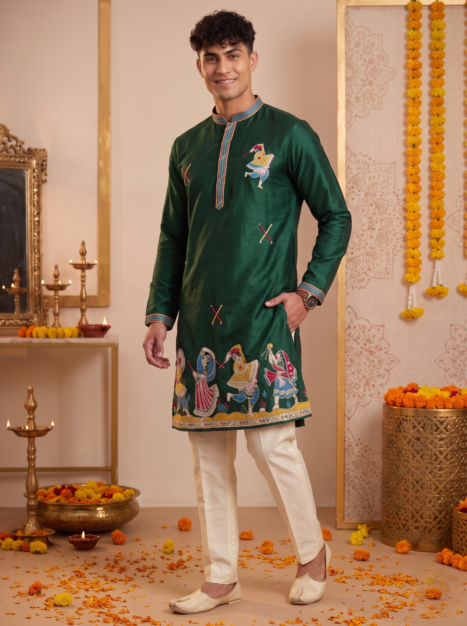 Men's emerald green Garba embroidered silk kurta pajama set front view
