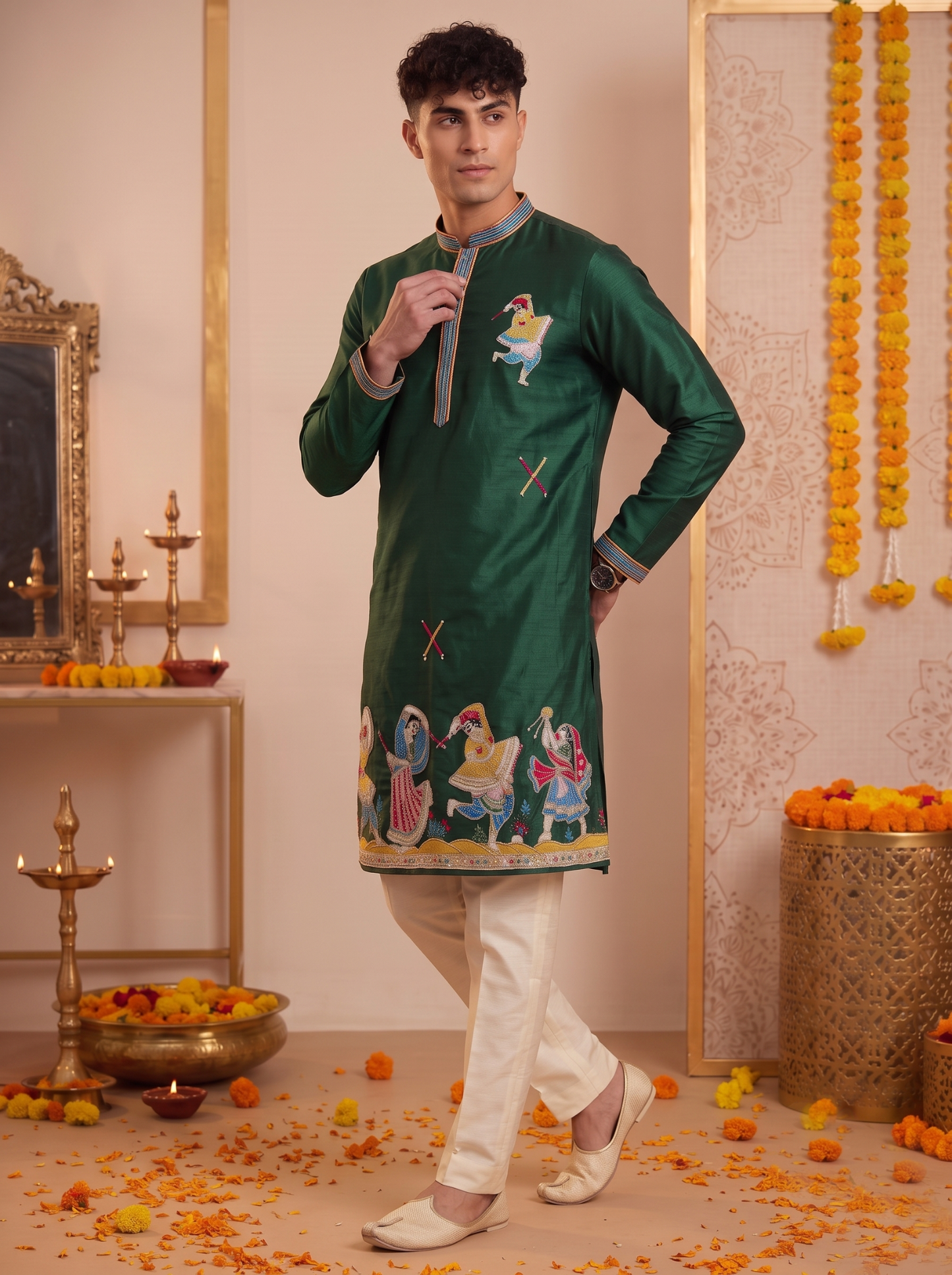 Men's emerald green festive embroidered kurta with ivory trousers