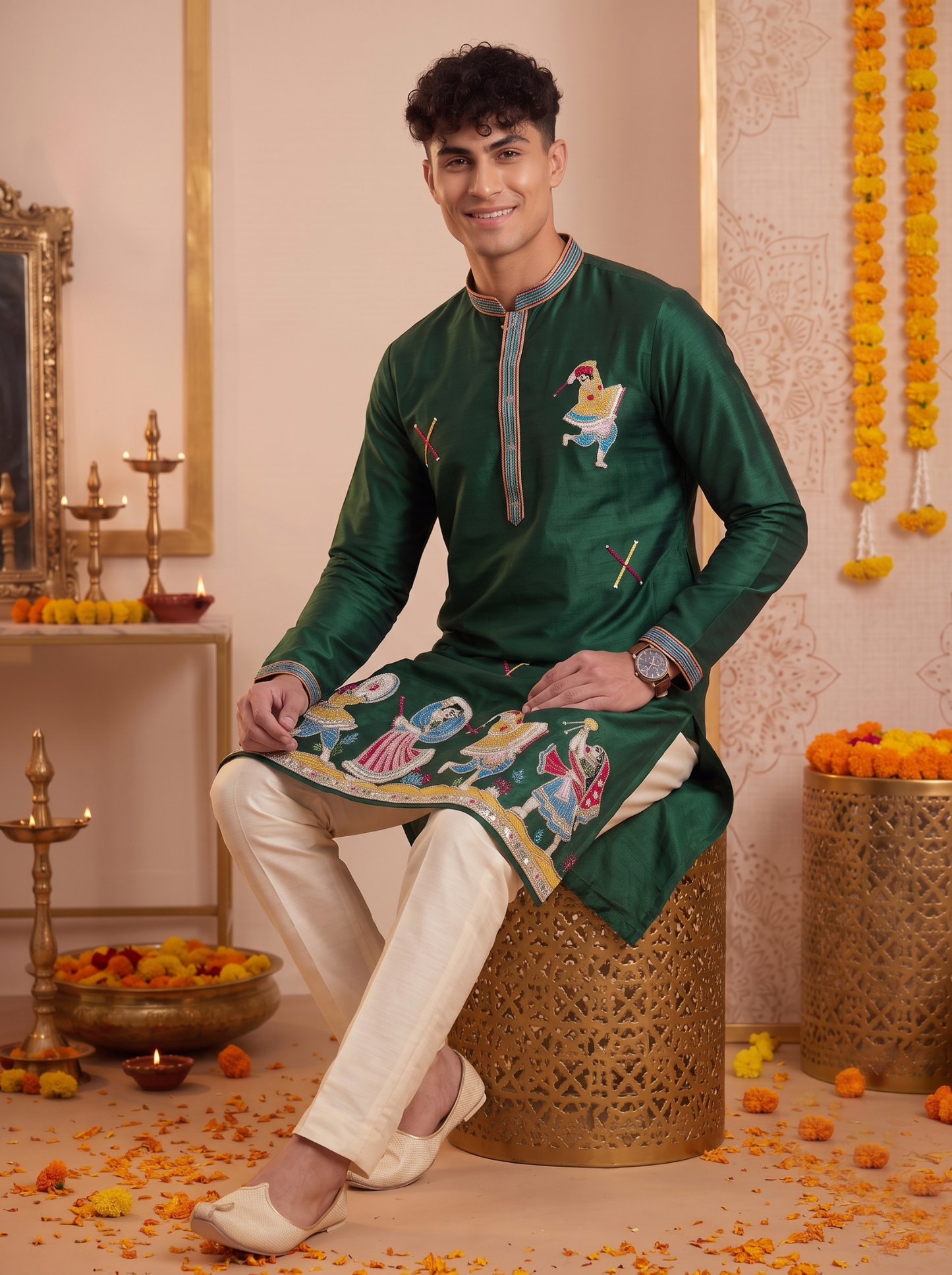 Men's emerald green Garba kurta pajama set seated view