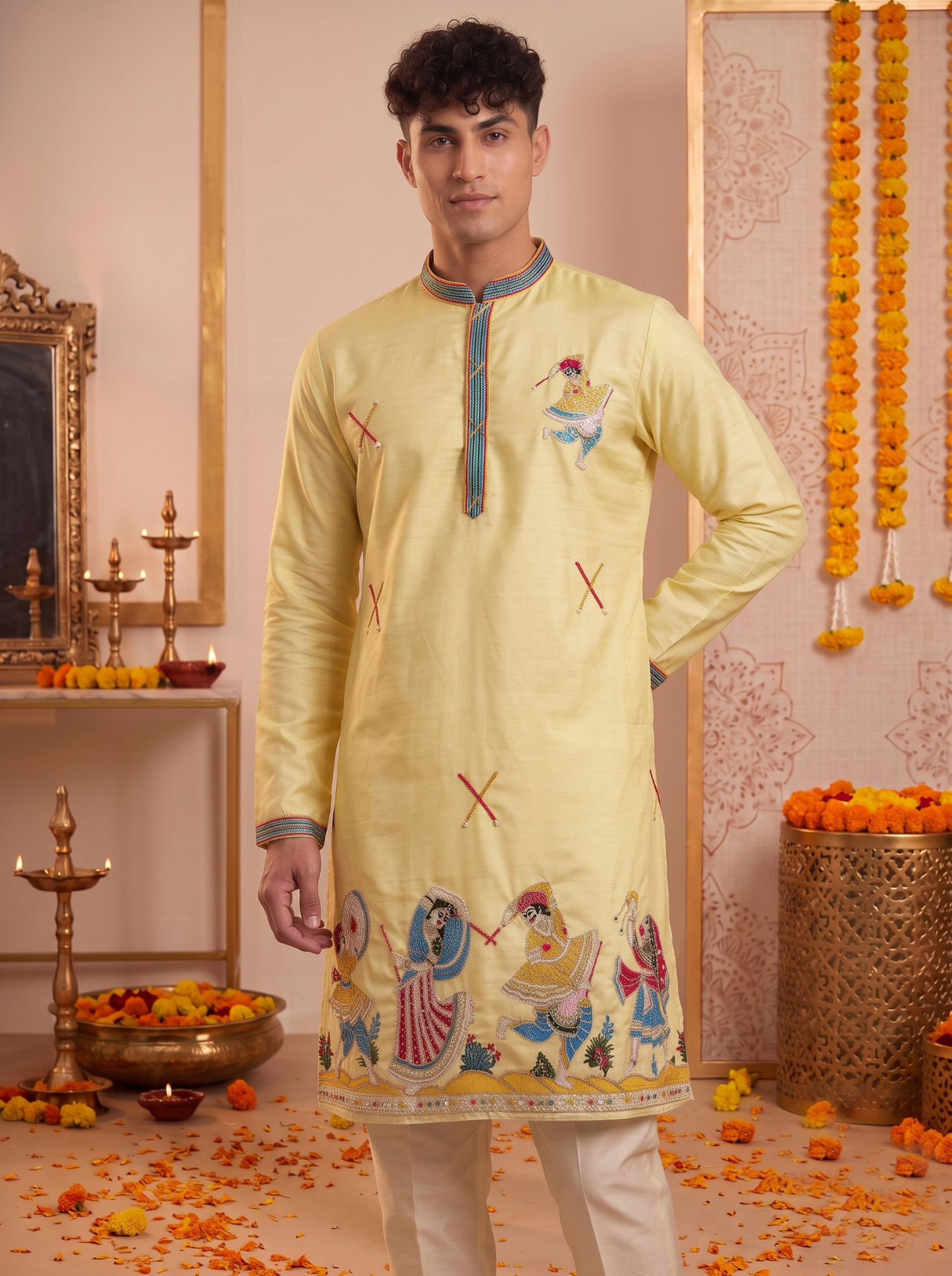 Men's lemon yellow silk kurta with colourful folk-dance embroidery