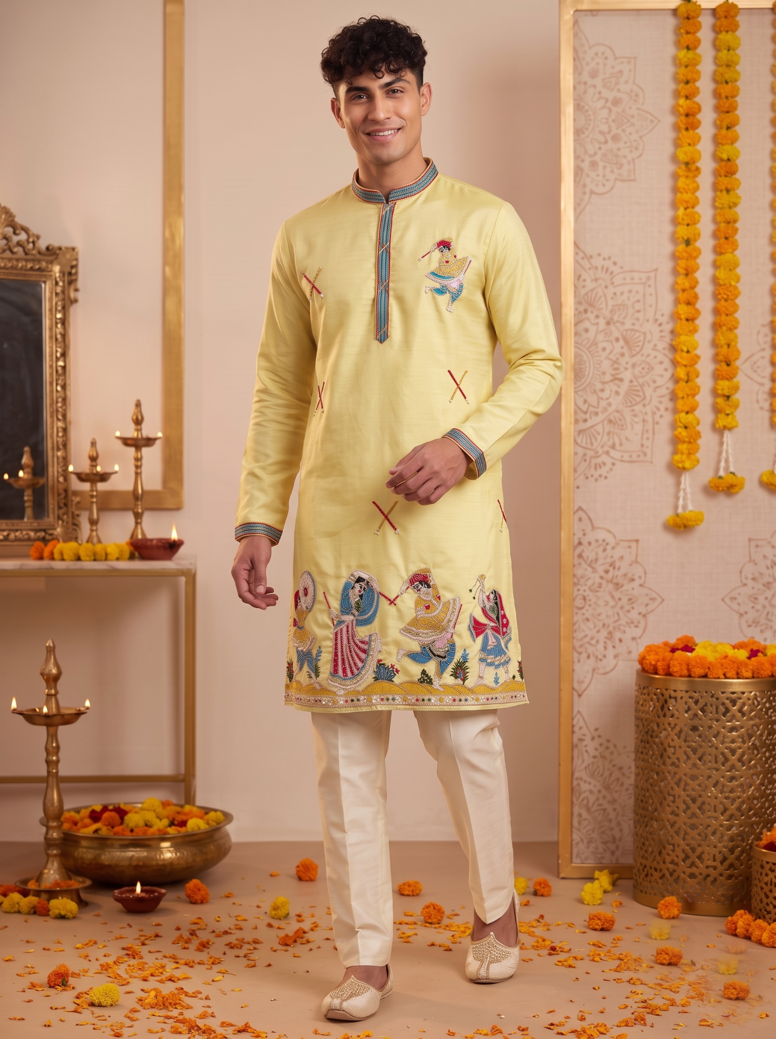 Men's lemon yellow Garba embroidered silk kurta pajama set front view